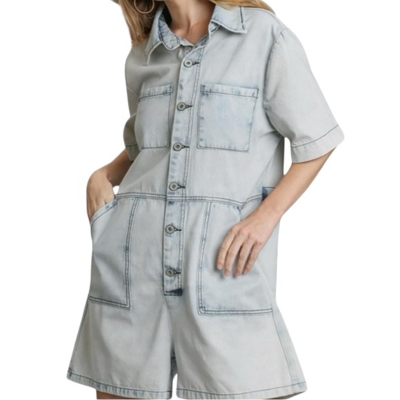 Papaya Washed Denim Short Sleeve Button Down Romper